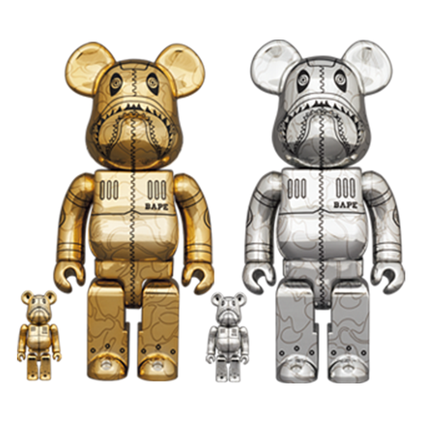 BE@RBRICK Sorayama x Bape(R) Camo Shark Gold & Silver Set 100% & 400%