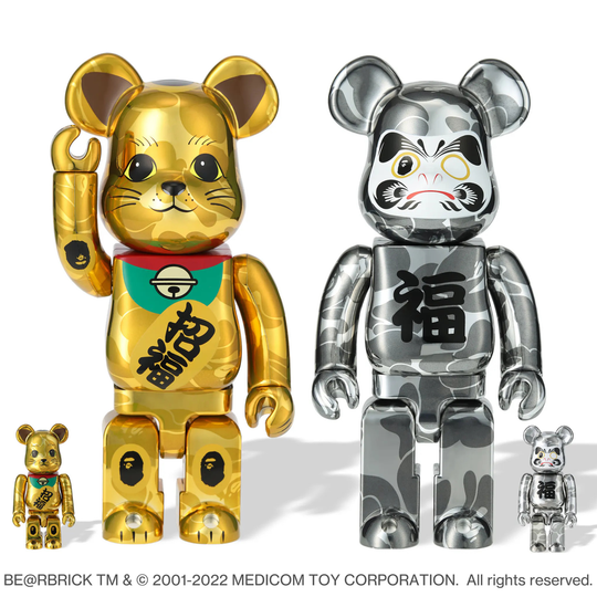 BE@RBRICK Bape (R) Manekineko Gold Plated & Daruma Silver Plated 100% & 400% (4Pcs Set)