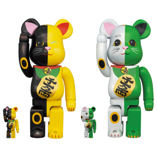 BE@RBRICK Manekineko White x Green & Manekineko Black x Yellow 100% & 400%